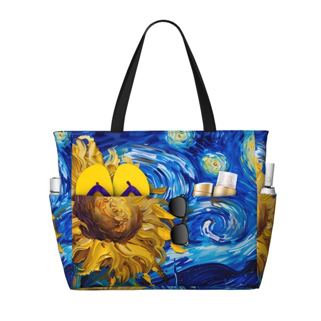 Disketp Whimsical Sunflowers Night Sky Bolsa de Playa de Gran Capacidad, Bolso Impermeable y a Prueba de Arena para Mujer, Ideal para Playa, Piscina y Natación