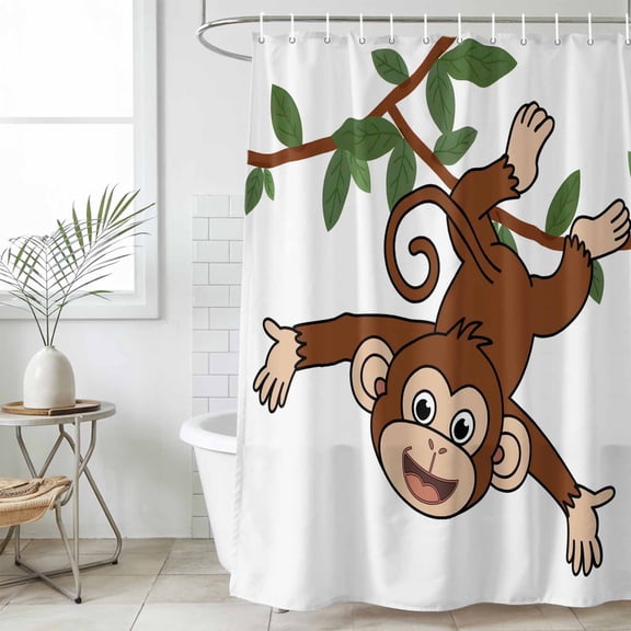 Brown Cute Monkey Waterproof Fabric Shower Curtain,Playing Funny Animal on Branch Waterproof Fabric Shower Curtain for Bathroom Curtains Bathtubs Hotel Shower Curtains with 12 Hooks Stall 48x72in