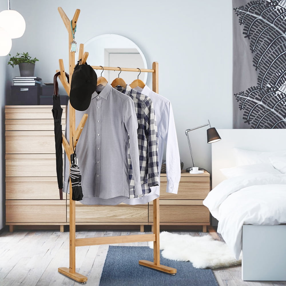 Oxkers Clothes Garment Rack – Wooden Coat Rack Stand with 8 Side Hooks, Single Rail, Holds up to 44 lbs, 25.6" W x 15.7" D x 67" H