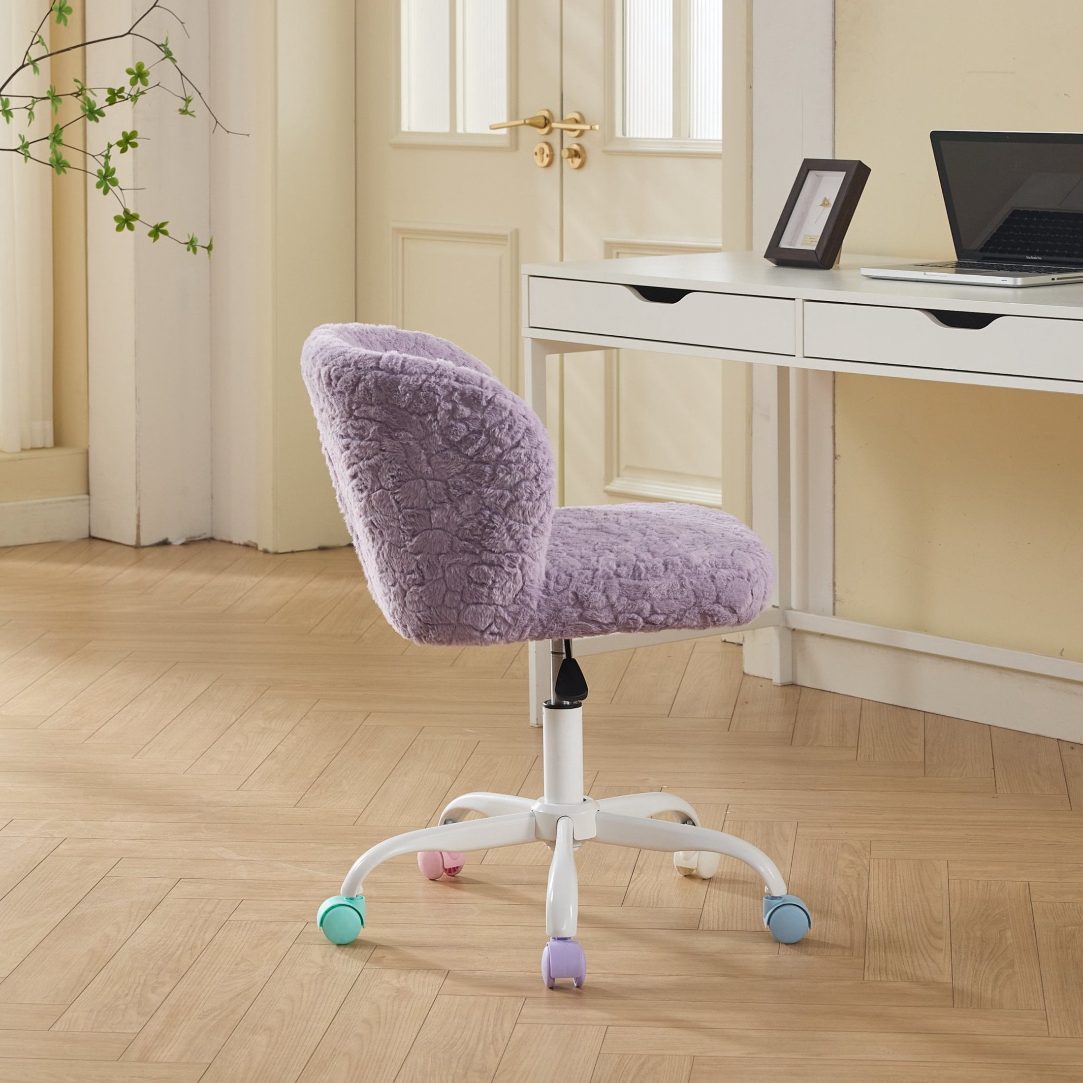 GDF Studio 22.5"W Faux Fur Office Chair with Adjustable Height, Swivel Metal Base, Violet