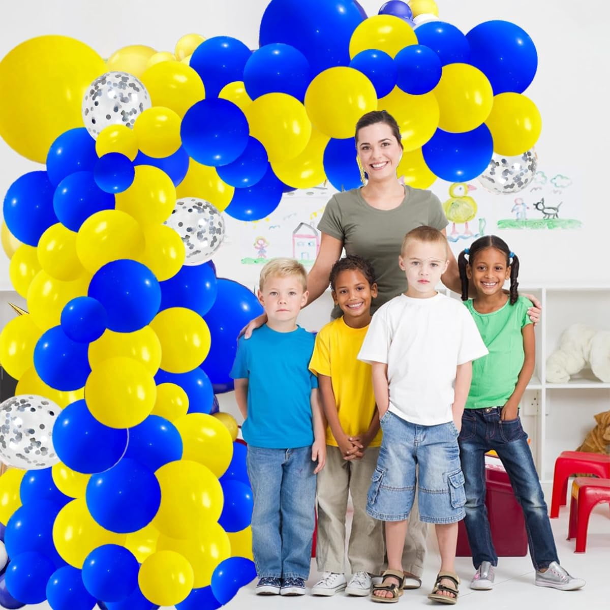 Royal Blue and Yellow Balloons Garland Arch, 122PCS Blue Yellow Balloons Silver Confetti for Wedding Baby Shower Anniversary Birthday Graduation Party Decorations