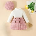 thumbnail image 3 of Owordtank Toddler Girl Fall Winter Outfit: Ribbed Long Sleeve Top with Plaid Tweed Skirt & Beret Hat Set, Photoshoot & Holiday Baby Clothes, 3 of 8