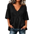 thumbnail image 2 of ClodeEU Women's Deep V Neck Ruffle Babydoll Blouse,Short Flare Sleeve Loose Peplum Tunic Top Black,Women's Plus L, 2 of 5
