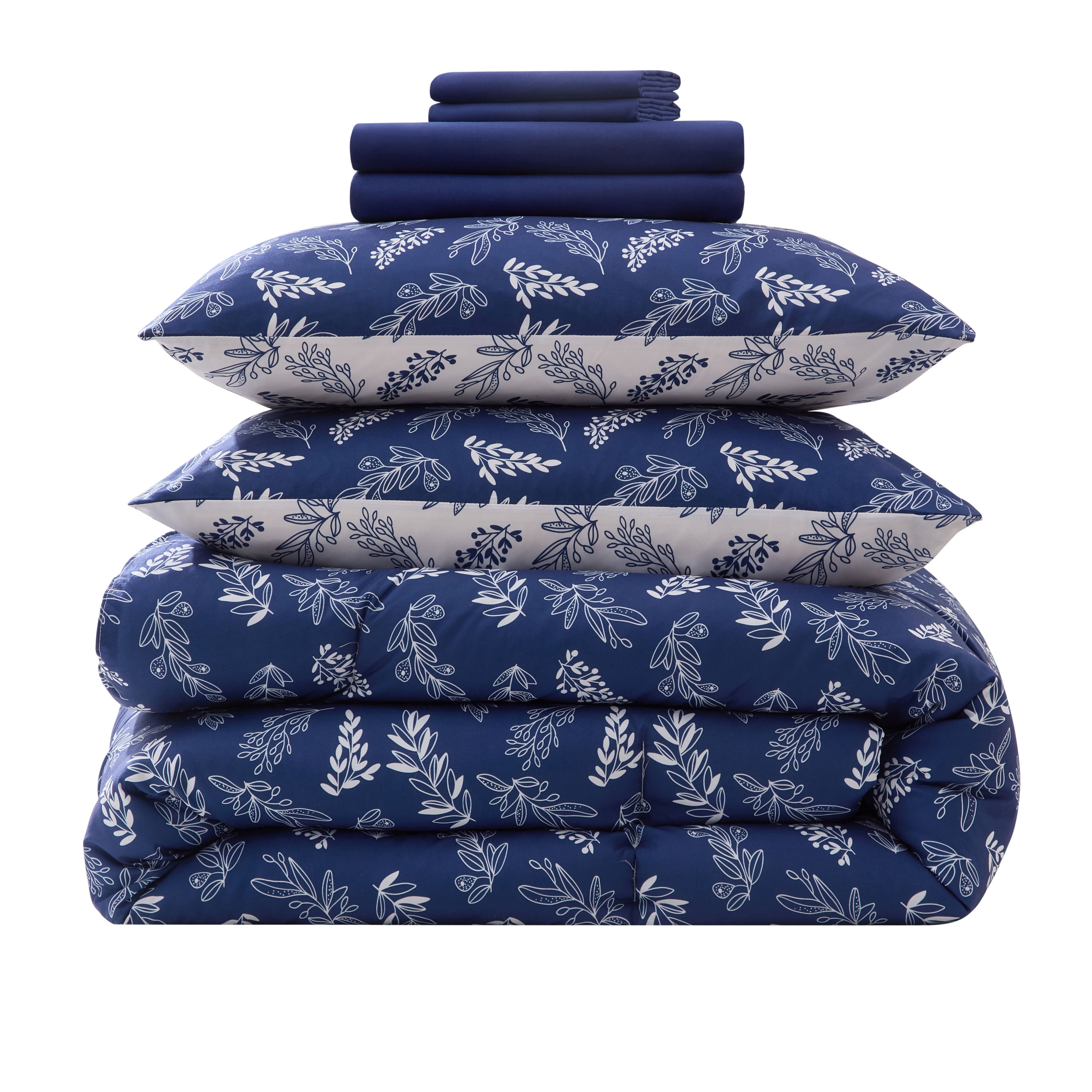LammaLoe Twin Comforter Sets, 5 Piece Botanical Bed in a Bag, Reversible Bedding Comforter Set with Sheets, Modern Bed Set, Majestic Blue/Lunar Gray