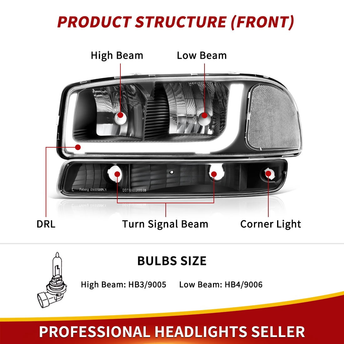 RVNI For 1999-2006 GMC Sierra Yukon XL LED DRL Black Headlights Bumper Signal Lamps