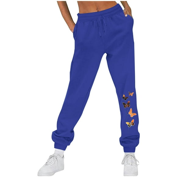 Fartey Pantalon de Survêtement pour Femmes avec Poches Doux Confortable en Molleton Joggers d'Entraînement Mode Imprimé Papillon Pantalon de Détente Course Cordon de Serrage Pantalon de Survêtement Bleu P