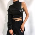 thumbnail image 3 of Women Sexy One Shoulder Reflective Crop Tops Choker Adjustable Buckle Long Sleeve Cover Up Irregular T-Shirt Rave Shrugs, 3 of 19