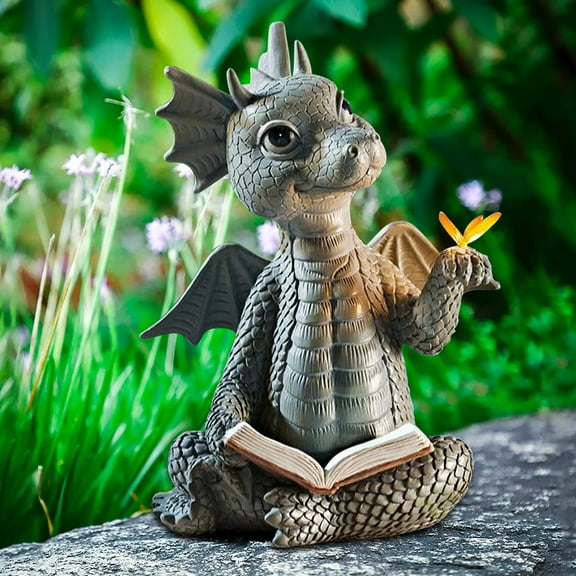 MTFun Dragon Reading Book Statue Dinosaur Holding Butterfly Figurines Art Resin Sculpture Outdoor Garden Decor Home Desk Ornament for Lawn Garden Patio Yard Home Decor