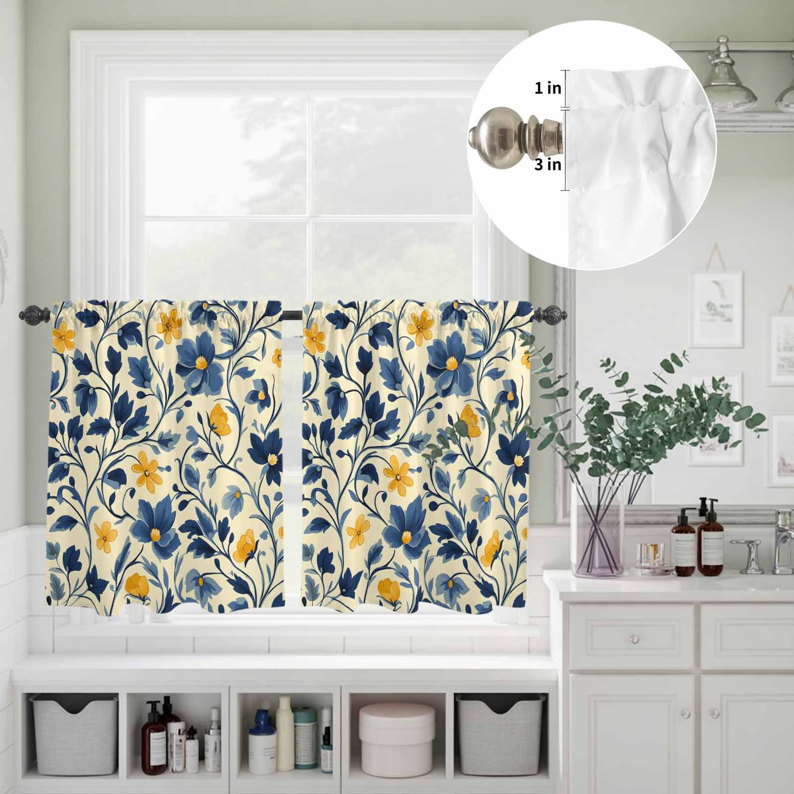 Rustic Floral Kitchen Curtains Valances 3 Piece Set, Watercolor Vintage Yellow Blue Flower Blue Grey Leaf Linen Texture Rod Pocket Tier Curtain & Valance Drapes for Small Window 24 Inch Length