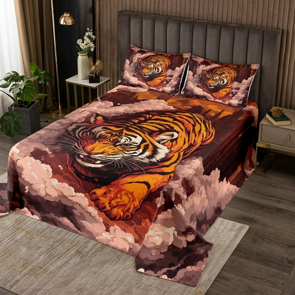 Tiger Bedspread Twin Size,Smog Modern Building Coverlet Set, Men Room Decor,Wildlife Animal Hunting Adventure Rustic Quilted Coverlet,Orange Brown Bedding Quilt,1 Pillowcase