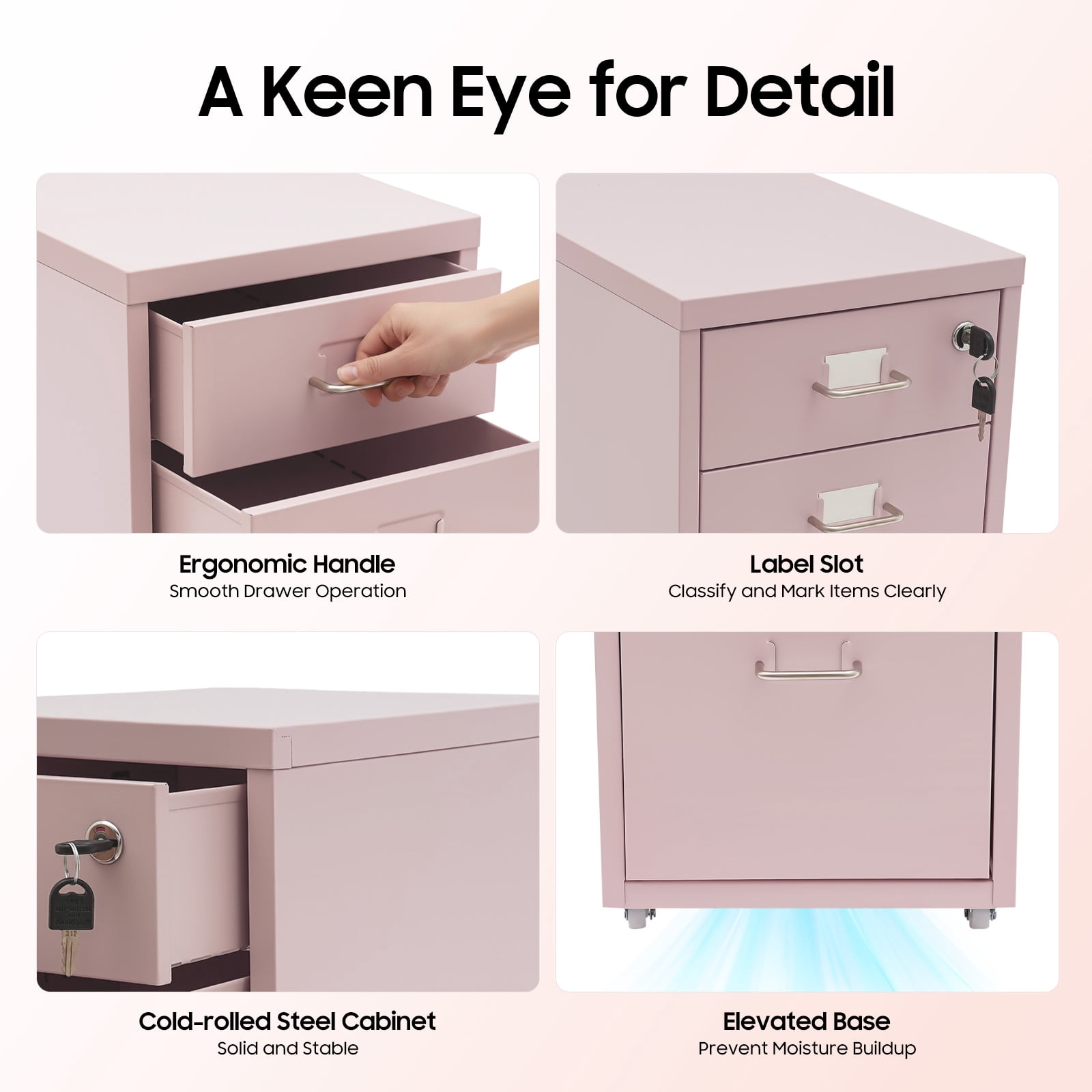 Pink 3 Tiers Metal Mobile File Cabinet Modern Vertical File Cabinet With Lock