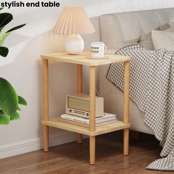 Solid Wood Side Table with 2-Tier Storage, Narrow Nightstand for Small Spaces, Bedroom, Living Room