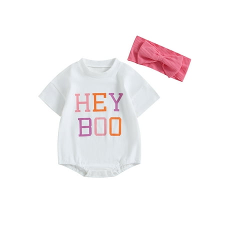 

Newborn Girl Outfits Short Sleeve Crew Neck Letters Print Romper with Hairband Halloween Clothes