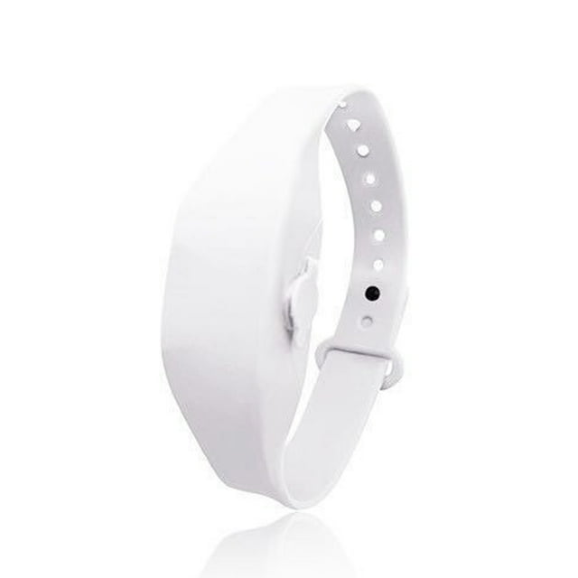 Pulsera dispensadora de gel antibacterial, diseño moderno en silicona médica, ideal para niños y adultos. Colores variados: azul claro, negro, morado, blanco y rosa. Ajustable, reutilizable y fácil