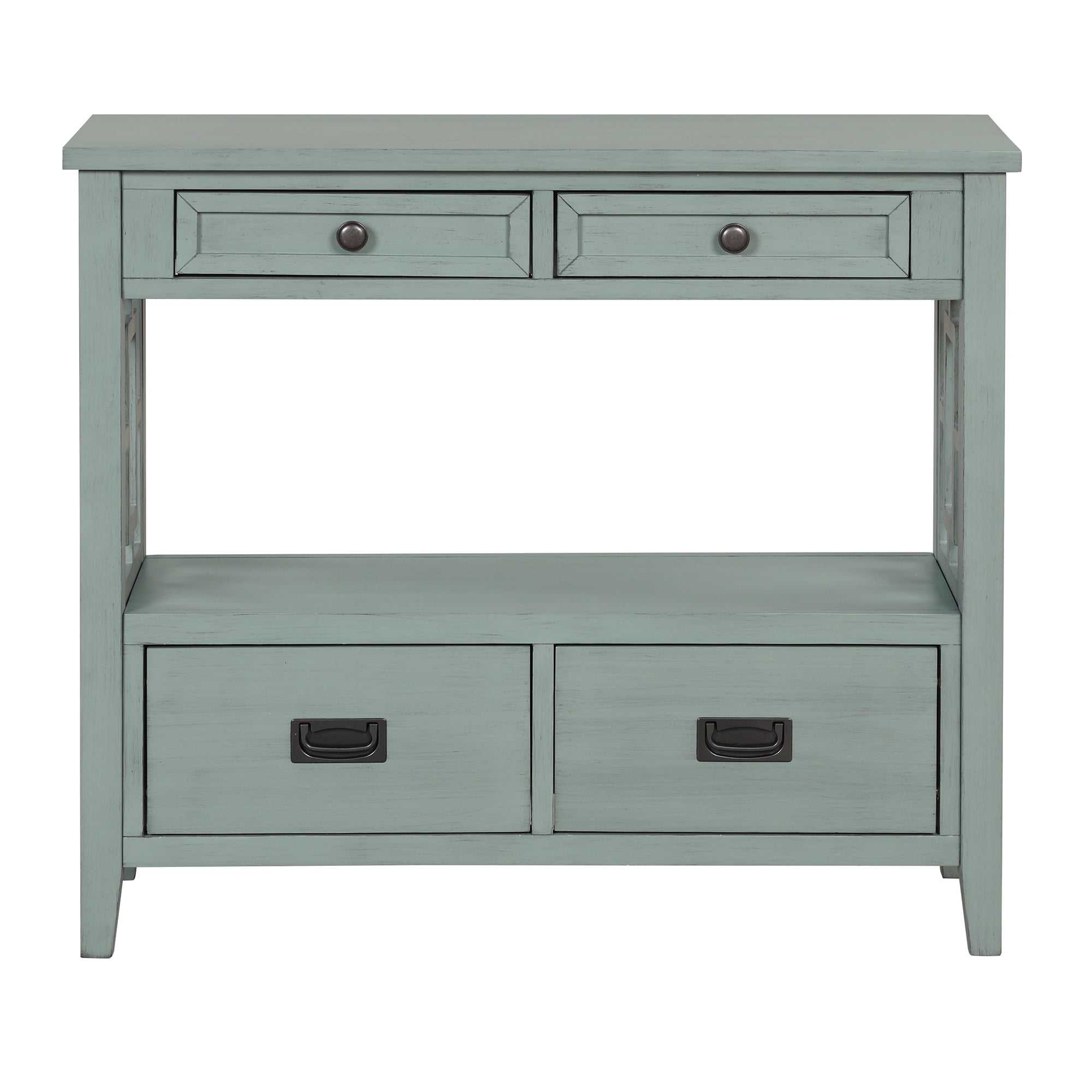 36 Inch Farmhouse Pine Wood Console Table, Entryway Sofa Table with 4 Drawers & Open Storage Shelf, Solid Pine Frame for Living Room Hallway Bedroom Kitchen, 99LBS Tabletop Capacity