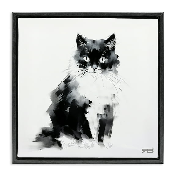 Stupell Industries Abstract Black & White Cat Animals & Insects Painting Black Floater Framed Canvas Art Print Wall Art, 18 x 18