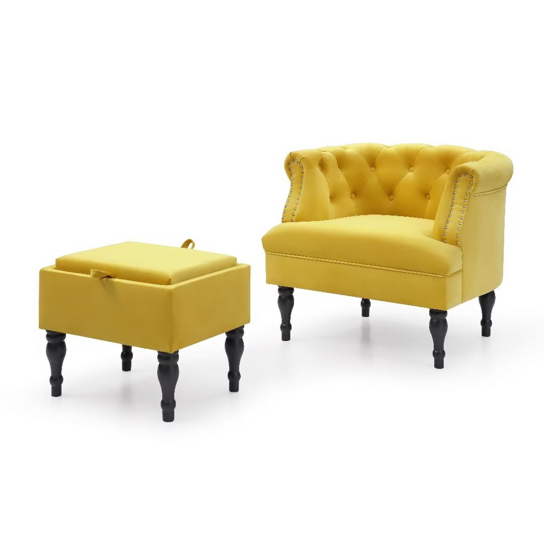 Modern Velvet Accent Chair with Storage Ottoman, Button Tufted Sofa