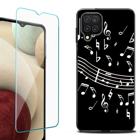 Slim-Fit Flexible TPU Gel Phone Case (black) for Samsung Galaxy A12, with Tempered Glass Screen Protector, by OneToughShield ® - Music Notes / Black