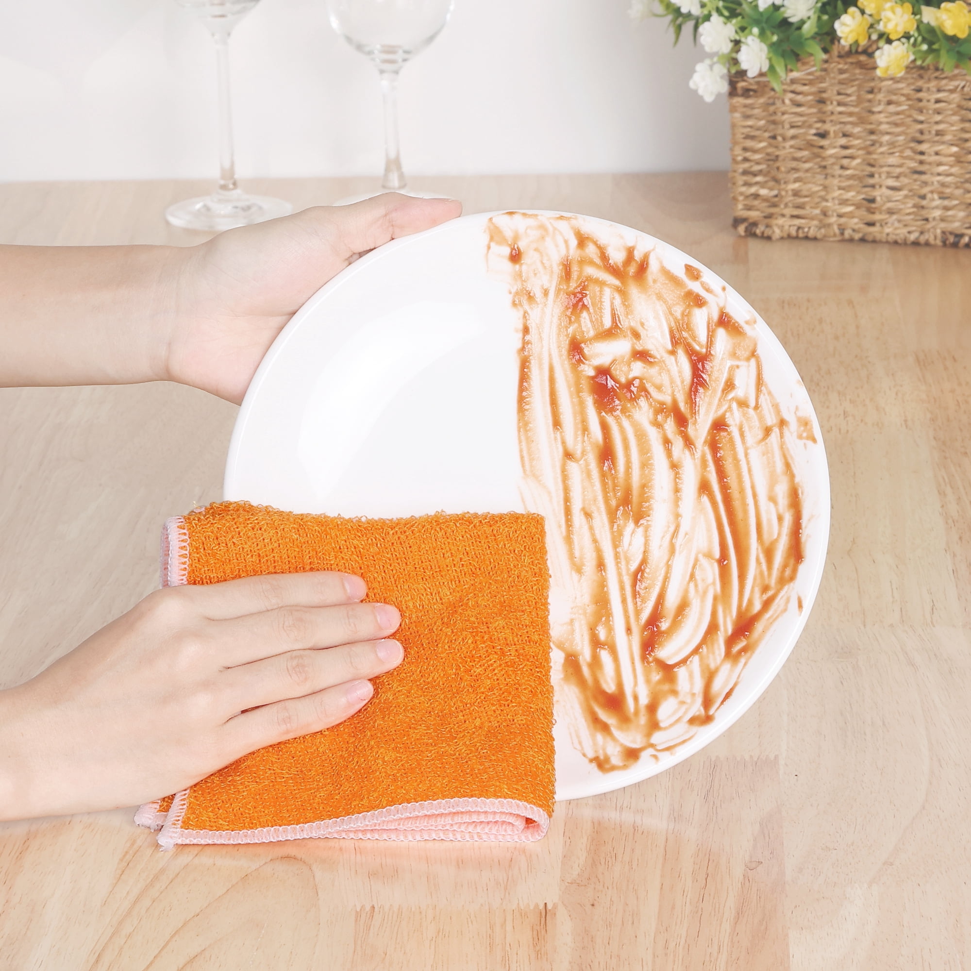 Unique Bargains 12 Pcs Wash Cloths Microfiber Absorbent Kitchen Rags Towel Orange 7"x9"