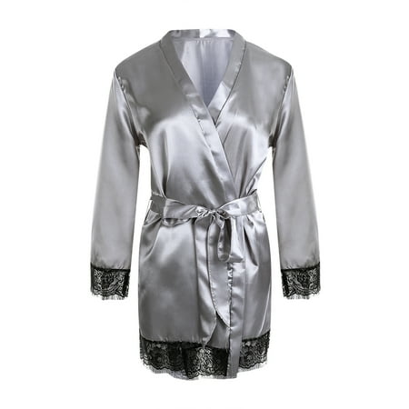 

Listenwind Women s Satin Kimono Bridesmaid Silky Short Robe Lace Trim Sleeves Bathrobe Night Gown Robe