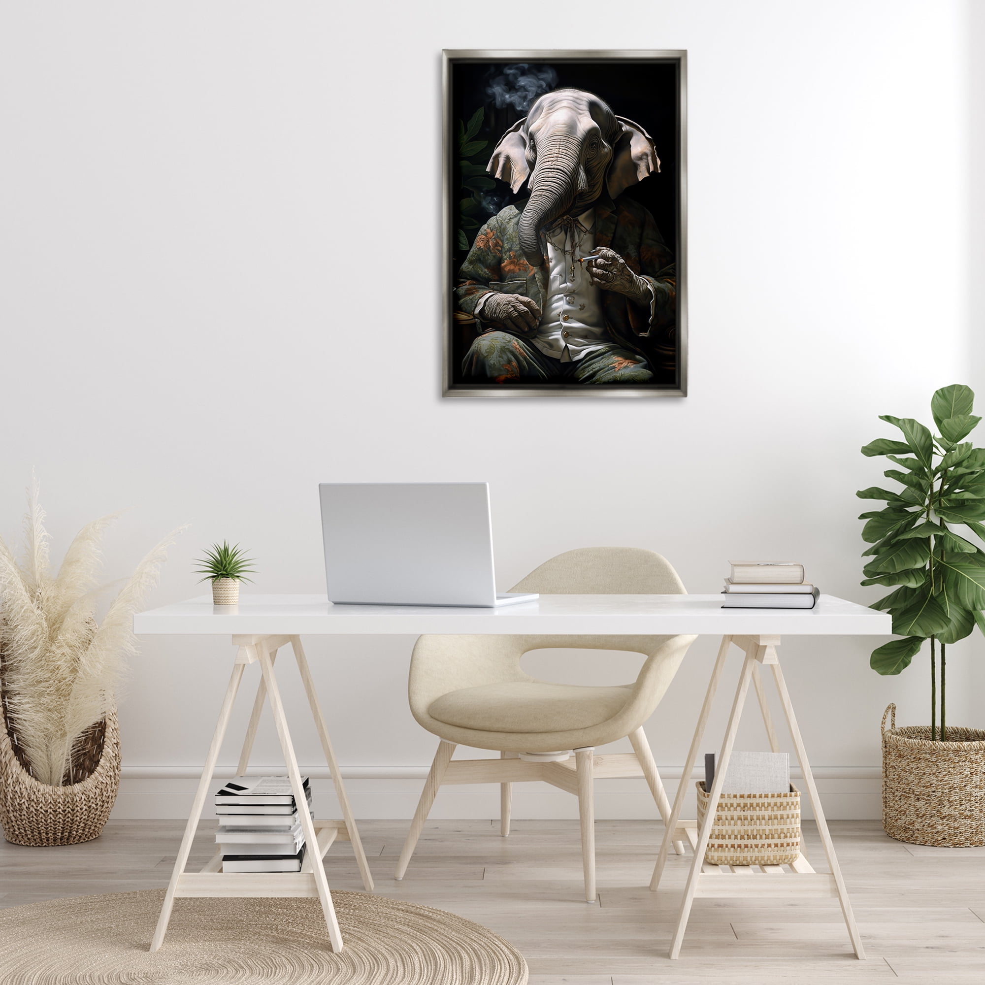 Stupell Industries Elephant Smoking Cigarette Novelty Painting Gray Floater Framed Canvas Art Print Wall Art, 21 x 31
