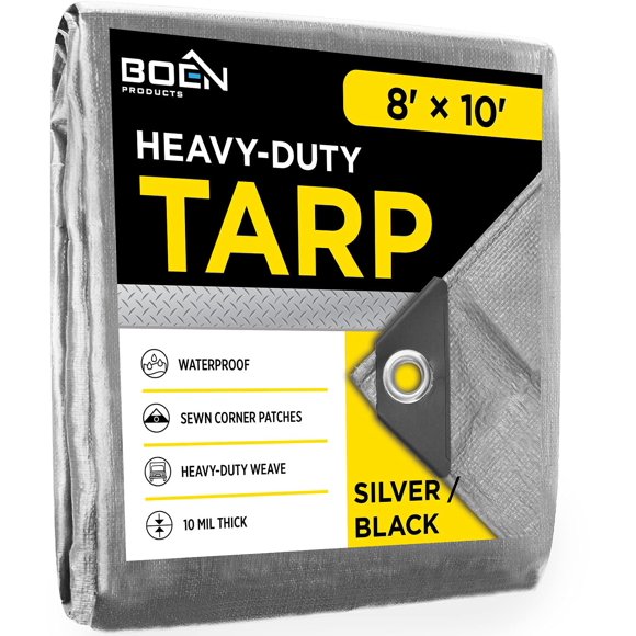 Lona resistente impermeable cubierta grande | Plata/Negro 8' X 10' 10 Mil de espesor | Lonas a prueba de desgarros | Material de tejido grueso resistente a los rayos UV, ideal para toldo de lona, ??ti