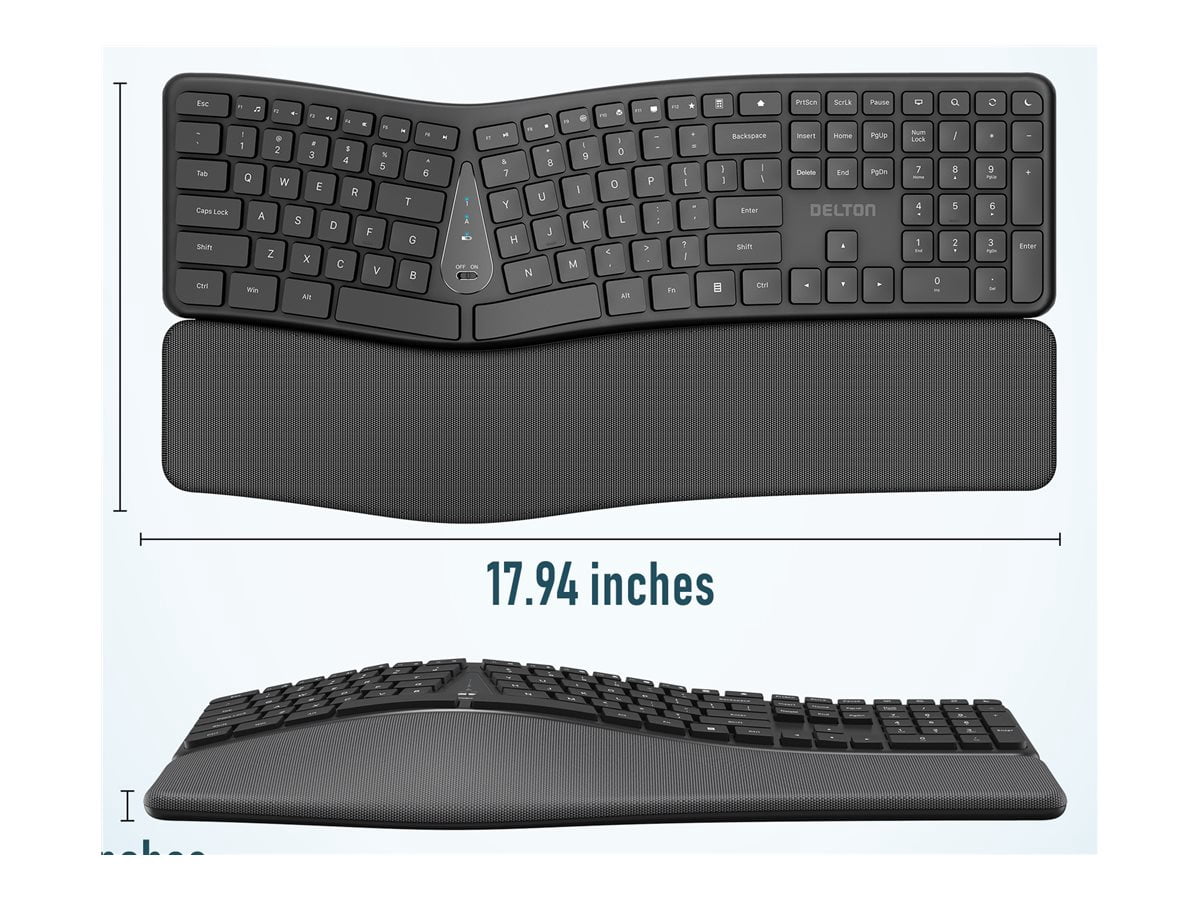 Delton KB250 Computer Ergonomic Wireless Keyboard with USB Dongle, Curved Keyboard with Wrist Pad, Natural Typing Full-Size Quiet Keyboard, Compatible for Laptop/PC/Tablets/Smartphone - Black