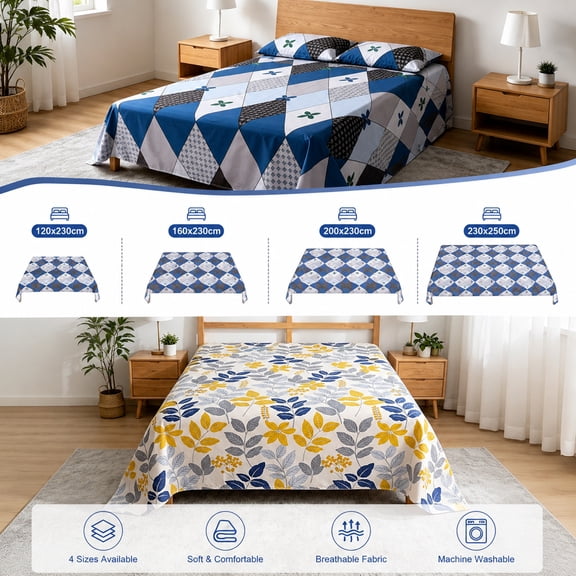Tarmeek Grid Pattern Flat Sheet 120x230cm Comfortable Bed Sheet Breathable Polyester Mattress Protective Cover Easy Care Bed Sheet Pet Hair Resistant Multicolor for Home (Pillowcase Not Included)