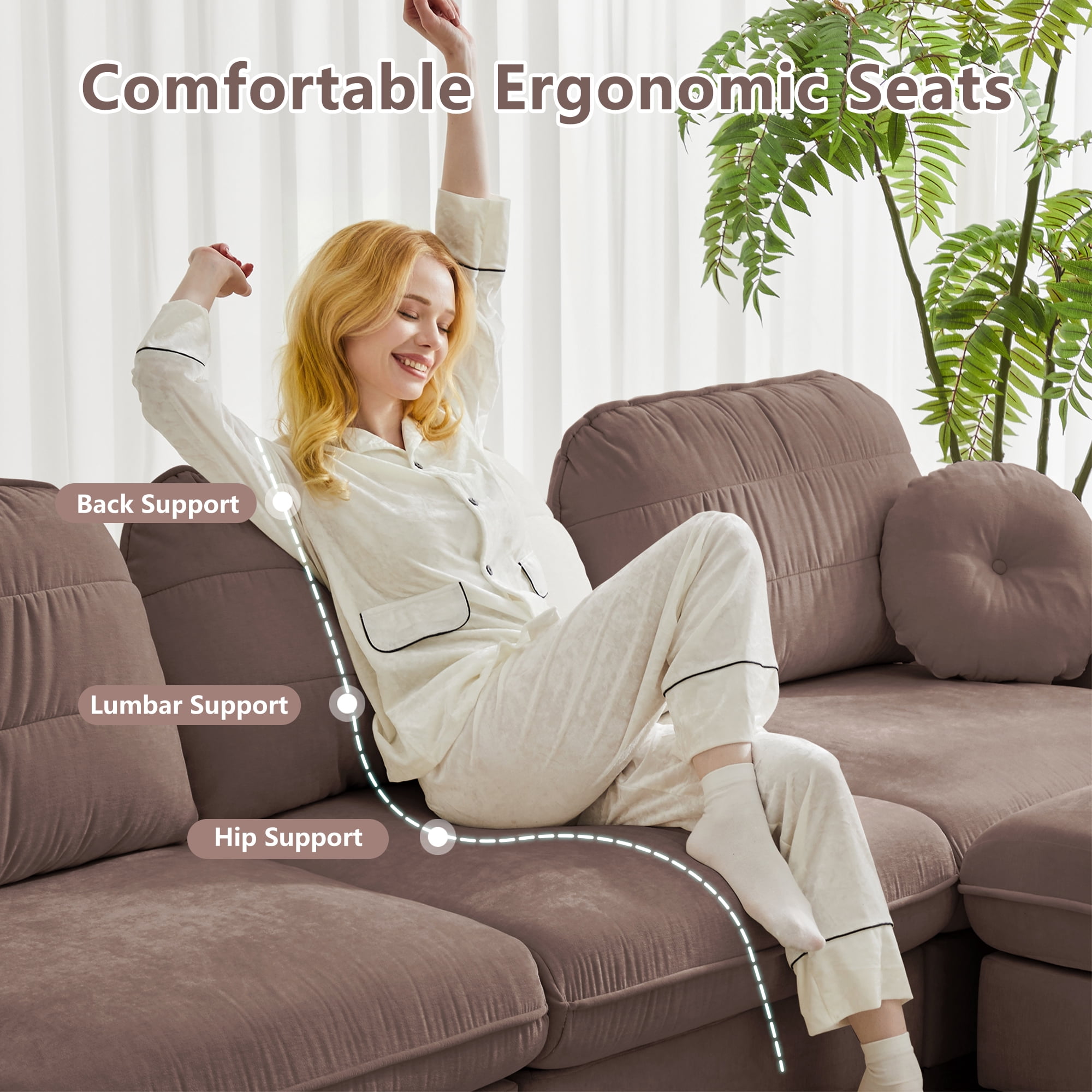 Mintazer 105" Chenille Cloud 3-Seater Modular Sectional Sofa with Movable Ottoman & Round Pillows, L-Shaped Ergonomic Sofa Couch for Living Room, Apartment, Rose Dust