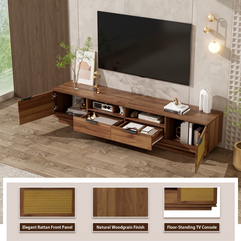 TV Stand Table for TVs Up to 85-in, Media Console Entertainment Center with Rattan Doors, Two Drawers and Open Shelving