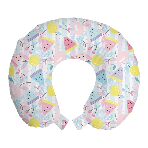 Summer Travel Pillow Neck Rest, Pastel Fruits of Cherries Watermelon Pears and Bubbles Colorful Jumble Pattern, Memory Foam Traveling Accessory Airplane and Car, 12", Multicolor, by Ambesonne