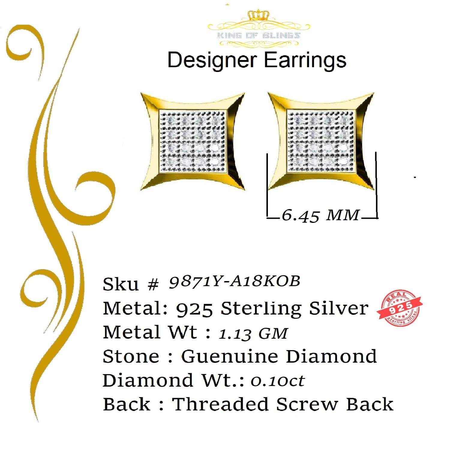King of Bling's 0.10ct Diamond 925 Sterling Silver For Women's & Men's Yellow Kite Stud Earrings