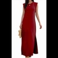 thumbnail image 2 of Vestido Maxi de Verano 2025 para Mujer, Informal, Holgado, con Abertura, Sin Arrugas, con Cuello Redondo y Bolsillos, Color Rojo Vino M, 2 of 9