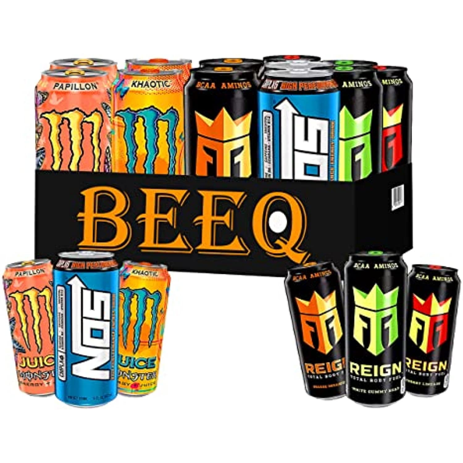 Beeq Box Variety Energy Drinks,Reign Total Body Fuel White Gummy Bear, Cherry Limeade, Orange