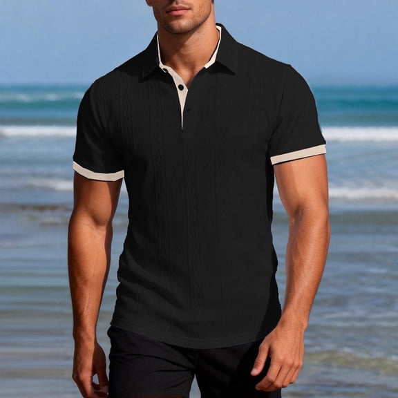 Mens Jacquard Shirts Casual Button Collared Short Sleeve Polos Stretch Comfy Daily Pullover Shirts,Sizes S-3XL