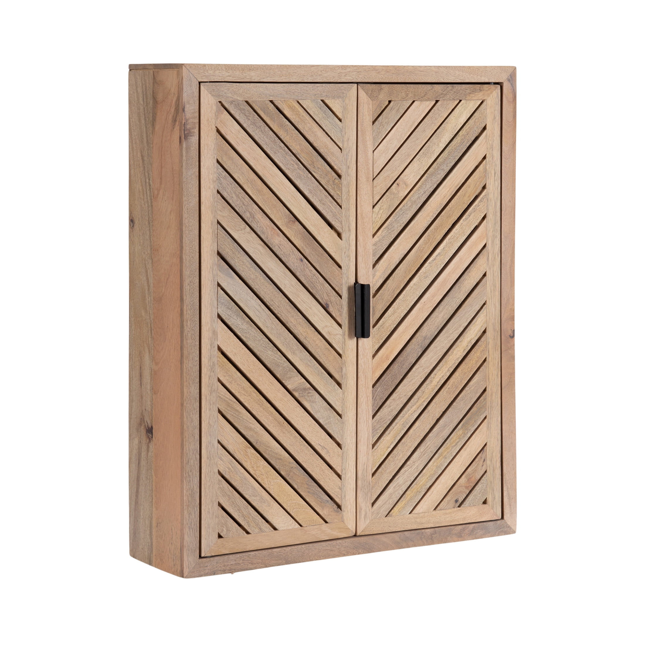 Kate and Laurel Mezzeta Decorative Modern Two-Door Floating Bathroom Cabinet, 22 x 7 x 28, Natural Wood, Decorative Solid Mango Wood Over the Toilet Storage Cabinet with Slatted Chevron Design