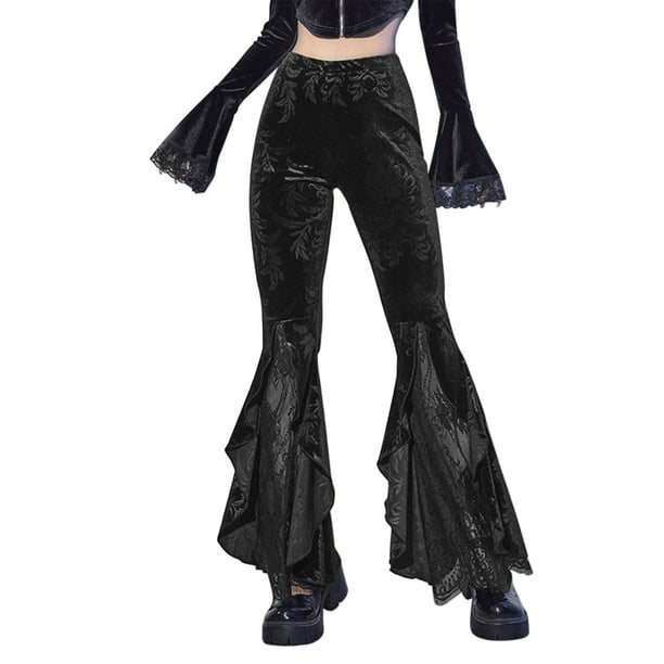 Jeans acampanados Prolriy para mujer, pantalones góticos de cintura alta de color sólido oscuro para mujer, negro M