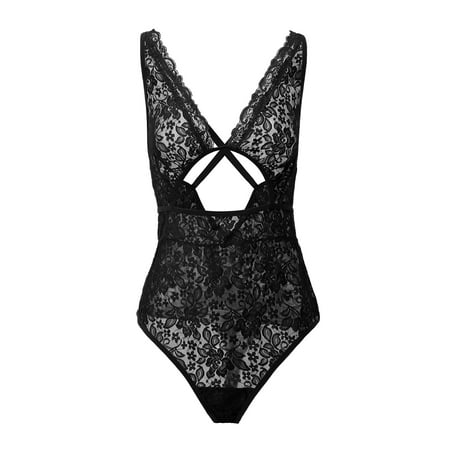 WBQ Lingerie for Women Sexy Naughty Lace Floral Teddy Bodysuits One Piece Deep V Neck Mini Babydoll Plus Size XL-4XL