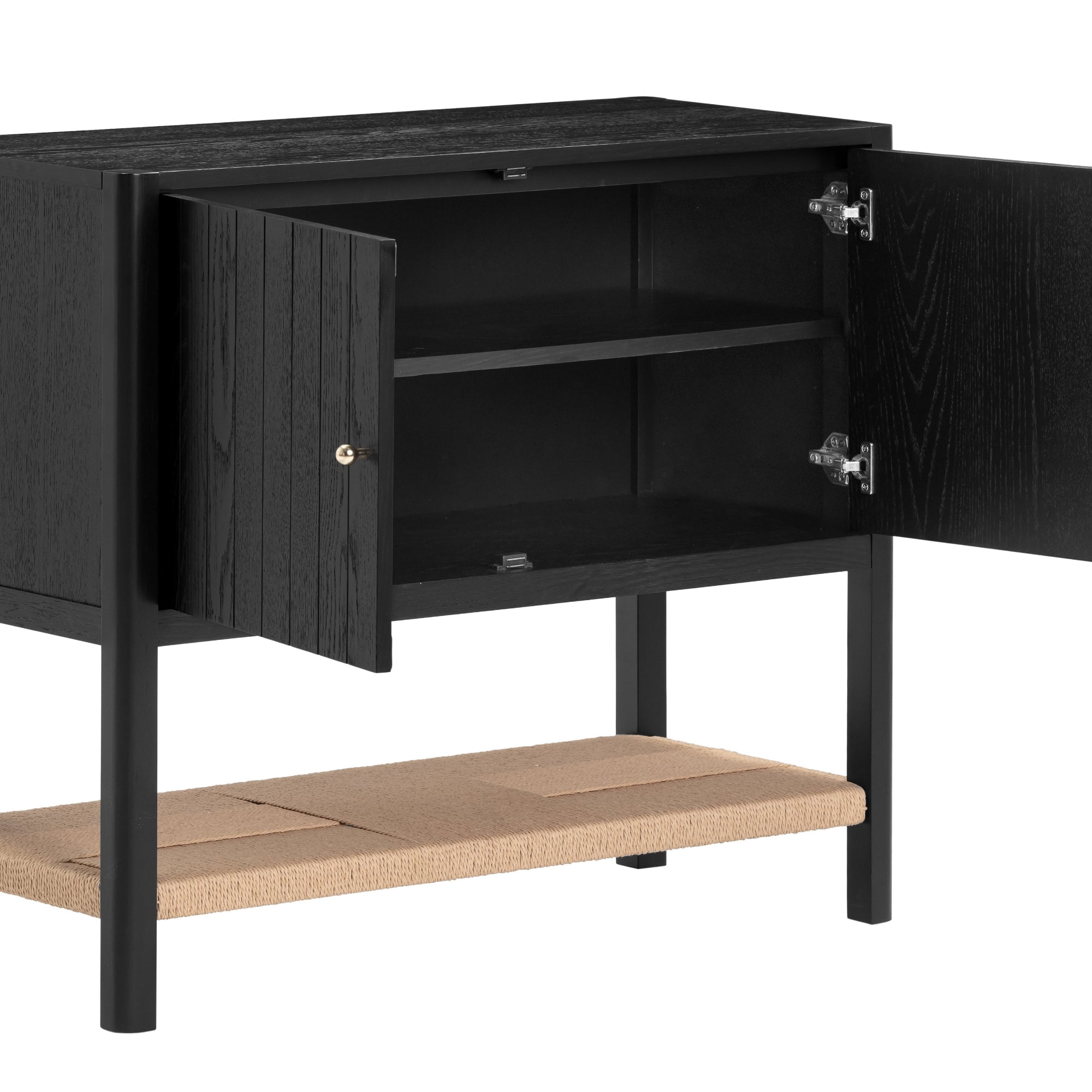 Nathan James Meads Mid Century Modern Cabinet with Doors, Solid Wood Kitchen Cabinet with Adjustable Interior Shelf and Seagrass Bottom Storage, Black Oak