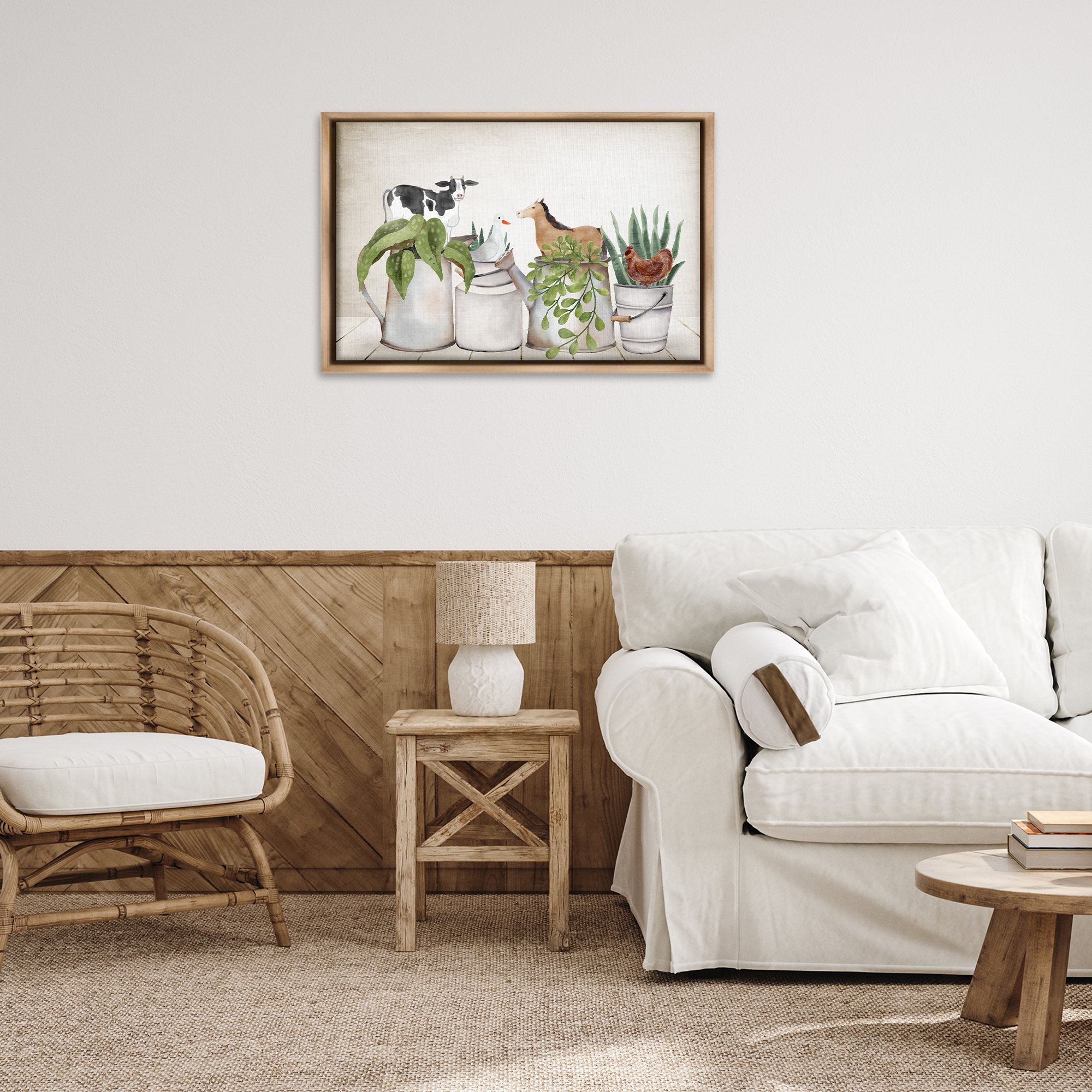 Stupell Industries Tin Farm Animal Plants Botanical & Floral Painting Brown Floater Framed Canvas Art Print Wall Art, 31 x 21