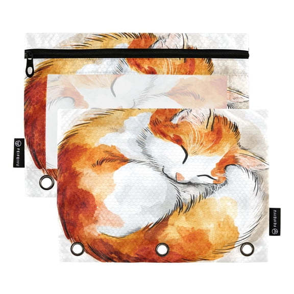 2 Pack 3 Ring Binder Pouch with Clear PVC Window Water Resistant Zipper Pencil Pouch Cute Sleeping Orange Cat Binder Pocket for Classroom Office Home Stationery Organization