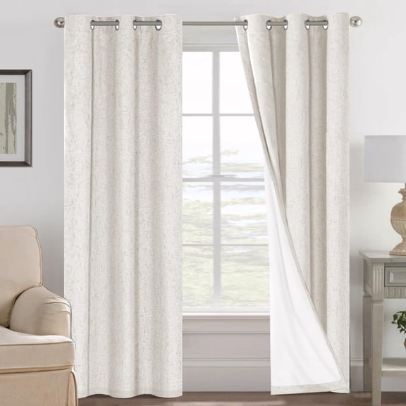 Ivory Blackout Linen Grommet Curtains with Thermal Insulated Liner (2 Panels, 42"W x 84"L)