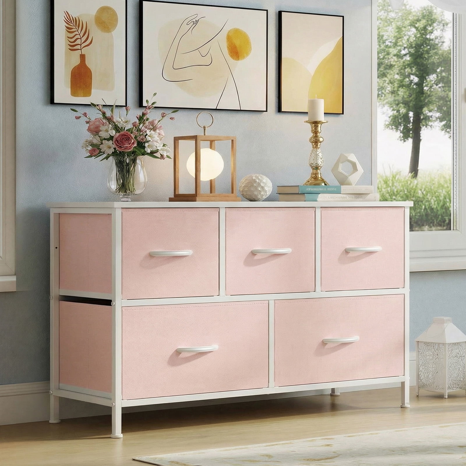 edx 5 Drawers Fabric Dresser for Bedroom, Drawer Organizer Storage Cabinet for Closet, Clothes, TV Stand, Pink