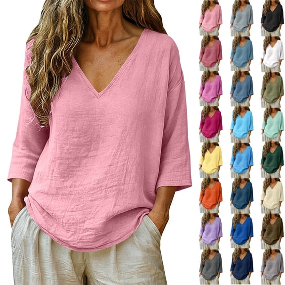 Womens Summer Gauze Tops Casual Linen Cotton Tunic Blouse 3/4 Sleeve V Neck Peasant Shirts Beach Vacation Tees Light pink S