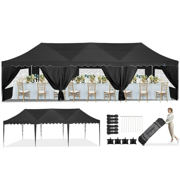 COBIZI 10x30 Pop Up Canopy Tent with 8 Sidewalls,Wave Eave Heavy Duty Canopy Tent for Outside ,Camping,Wedding,Ez tents for party with Roller Bag Thickened Frame Large Space UV 50  Waterproof,Black