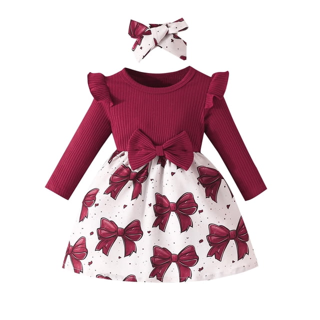 Odeerbi Niñas Manga Larga Rib Knit Vestidos Primavera Otoño Lazo Impresión Vestido Algodón Cuello Redondo Ruffle Manga Vestido
