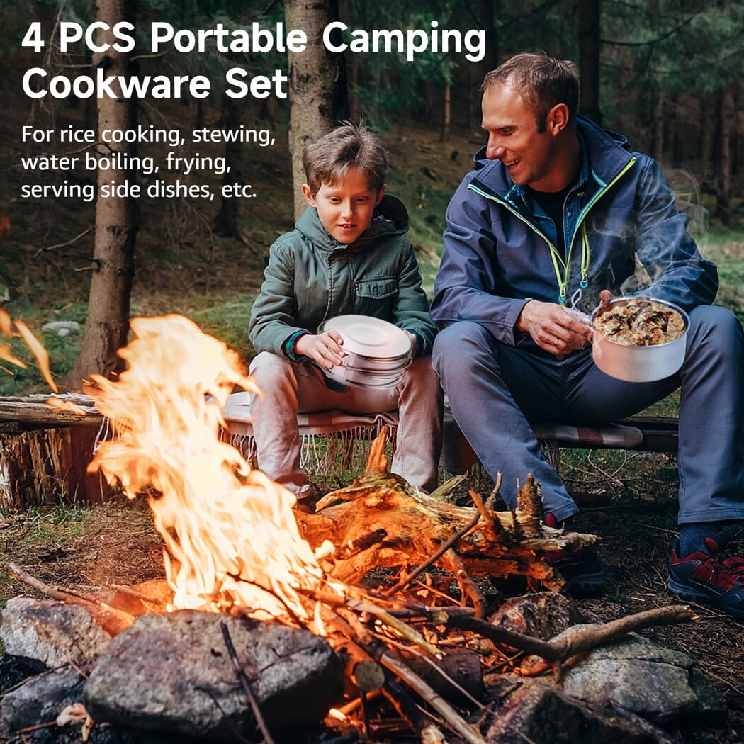 4 PCS Camping Cookware Set, Portable Lightweight Stainless Steel