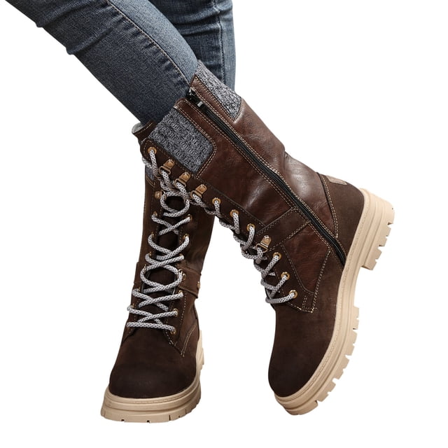 Cameland Suede Lace Up Thick Sole Leather High Barrel Round Toe Boots