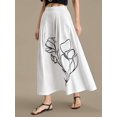 thumbnail image 4 of White Womens 100% Cotton A-Line Midi Skirt With Black Floral Embroidery And Side Pockets, 4 of 8