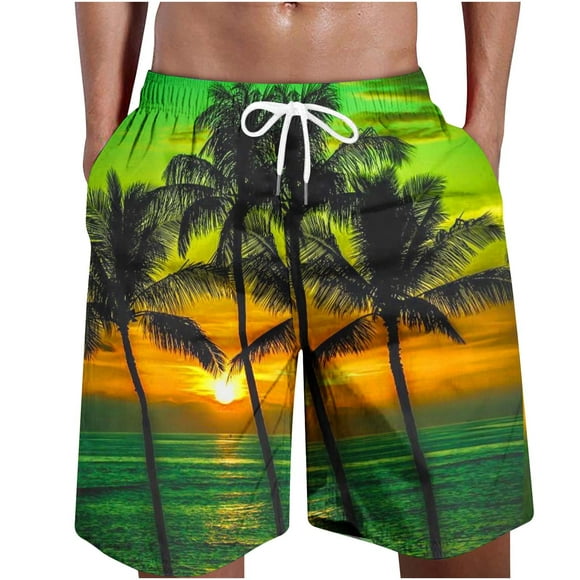 Meichang Summer Mens Hawaiian Beach Swim Trunks Casual Elastic Waist Drawstring Tropical Palm Tree Print Swimsuit Shorts with Pockets Green 4XL